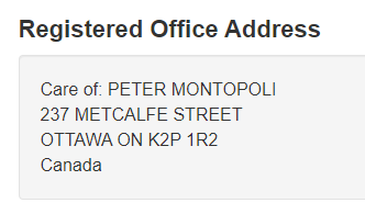 Screenshot of the contact information provided for Canada Soccer on their Corporations Canada page. It lists their point of contact as Peter Montopoli.