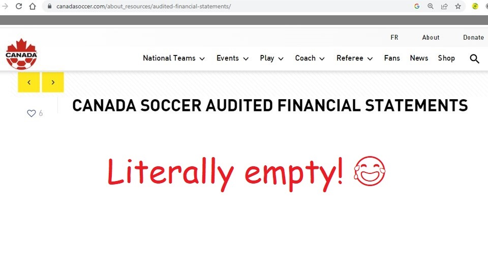 Screenshot of Canada Soccer's webpage for audited financial statements, showing its emptiness. I added a caption saying "literally empty" with a laughing emoji.